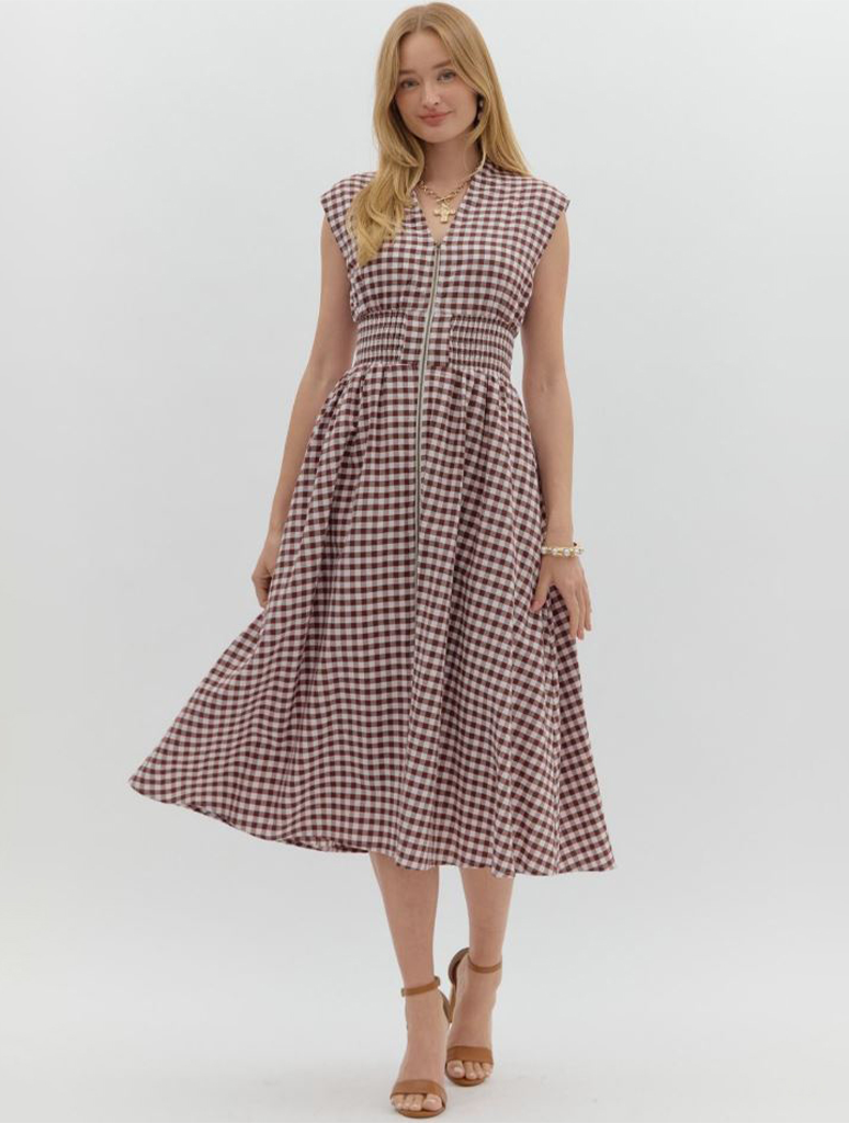 Entro Gingham Zip Front Midi Dress in brown checker pattern, perfect for summer or fall layering