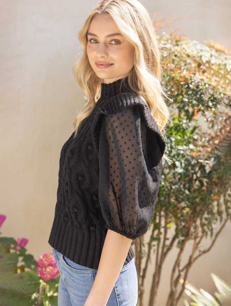 Cable Knit Sweater with Sheer Polkadot Sleeves