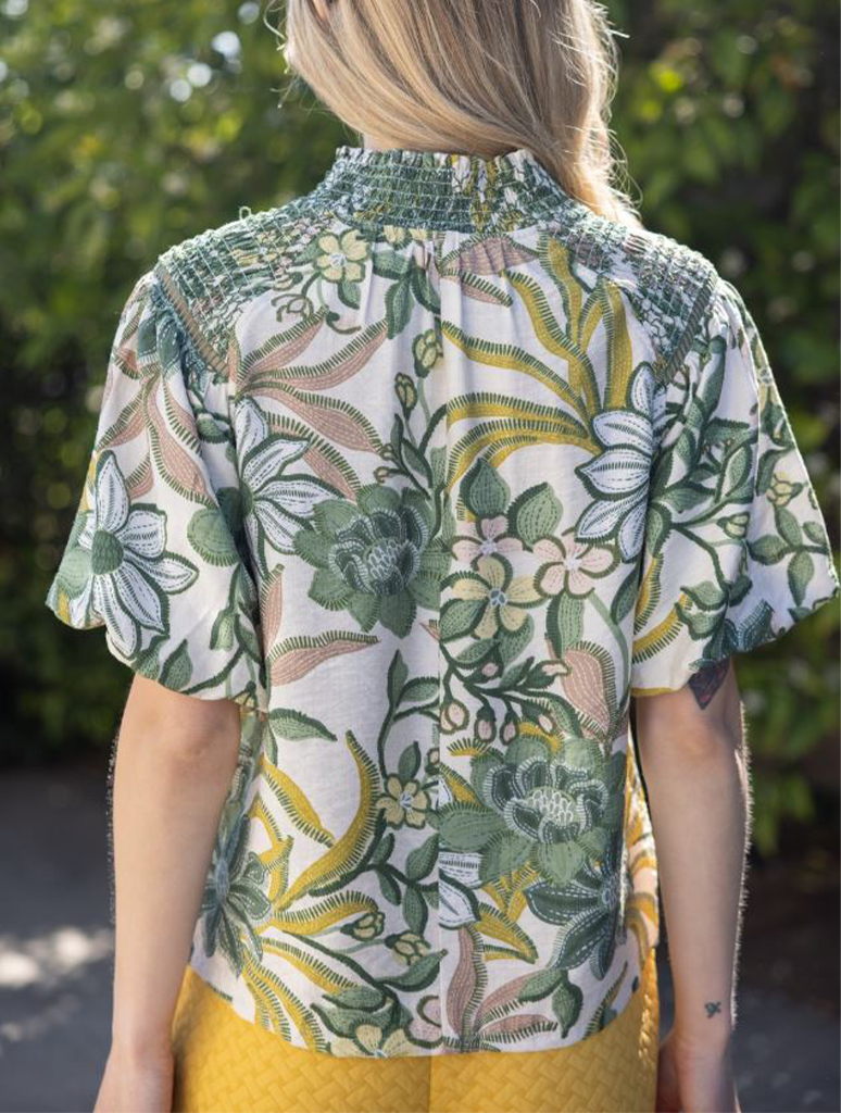 Smocked Neck Lace Detailed Print Top