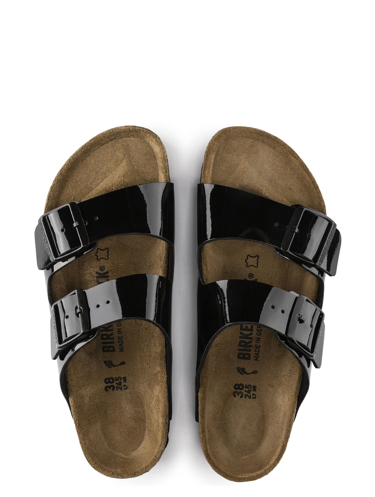 Upper view of Birkenstock Arizona Sandal in Black Patent Birko-Flor