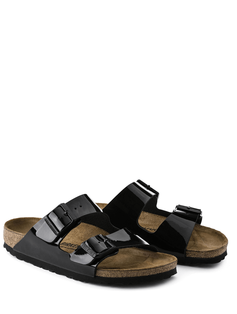 Side view of Birkenstock Arizona Sandal in Black Patent Birko-Flor