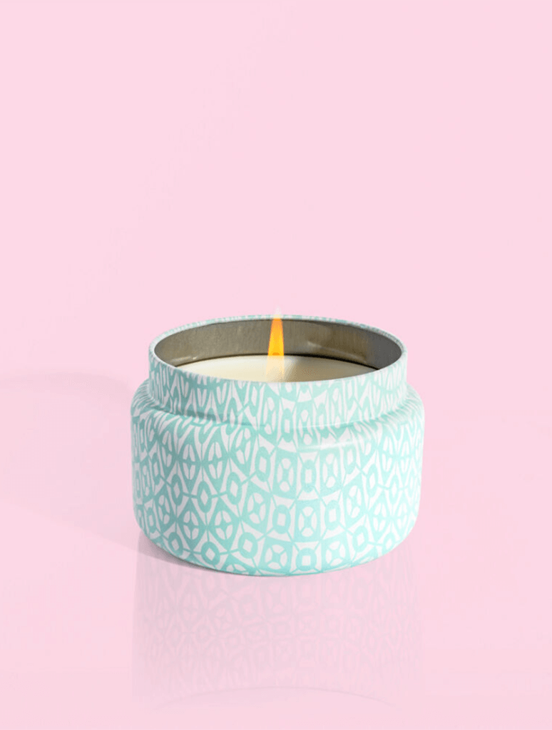 Capri Blue Aqua Printed Tin Candle in Volcano back view