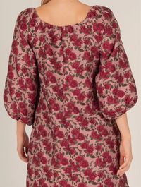 Rose Print Jacquard Puff Sleeve Dress