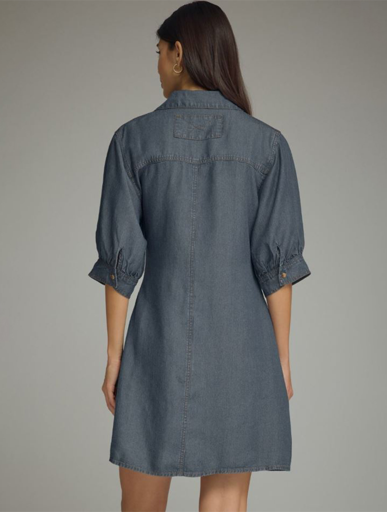3/4 Sleeve Denim Mini Dress with Self-Tie Waist Detail
