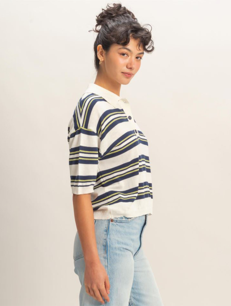 Striped Short Sleeve Polo Knit Top