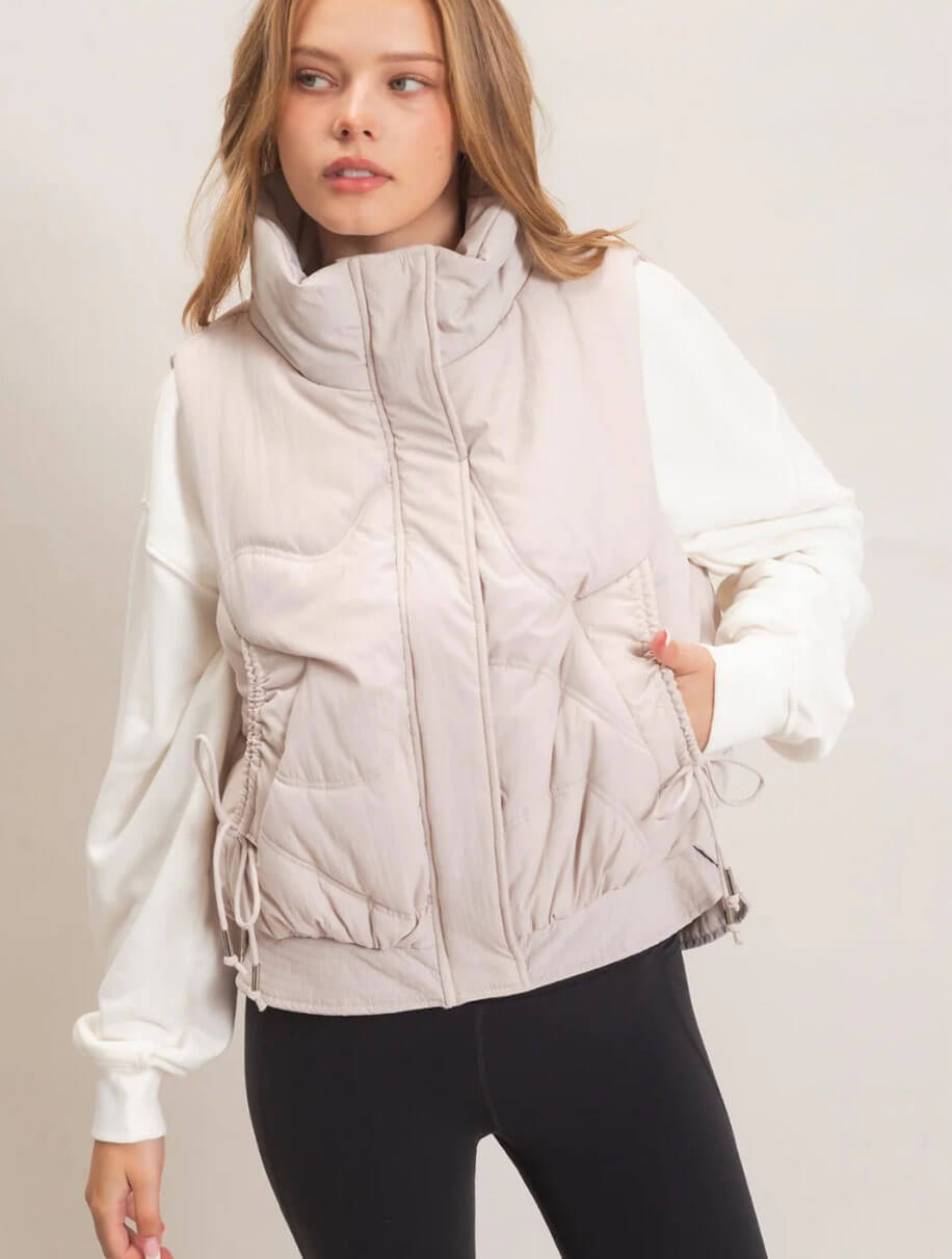 Quilted Funnel Neck Puffer Vest in Ecru