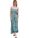 Maxi Strapless Front Slit Dress in Turquoise Floral