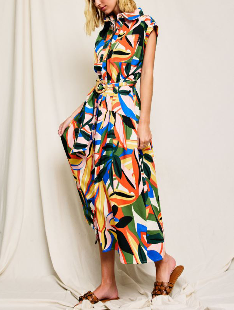 Tropical Belted Shirt Dress