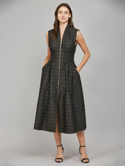 V-Neckline Front Zip-Up Midi Dress