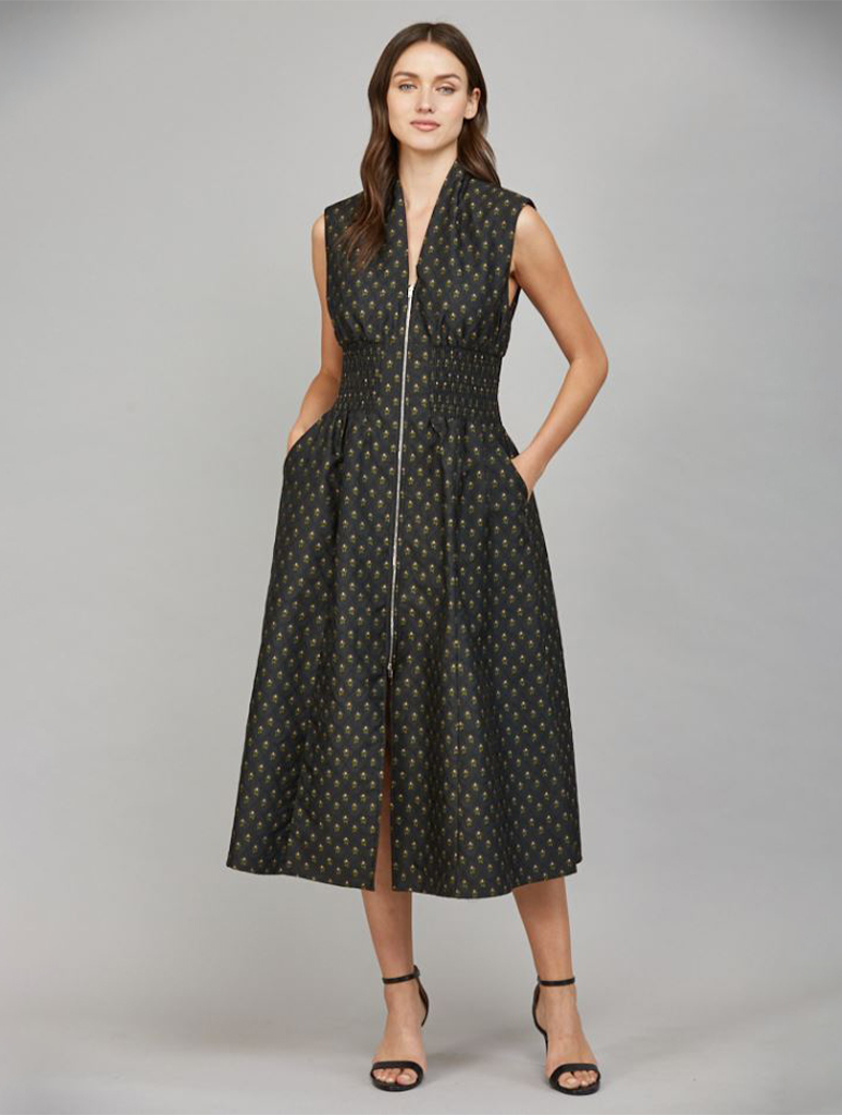 V-Neckline Front Zip-Up Midi Dress