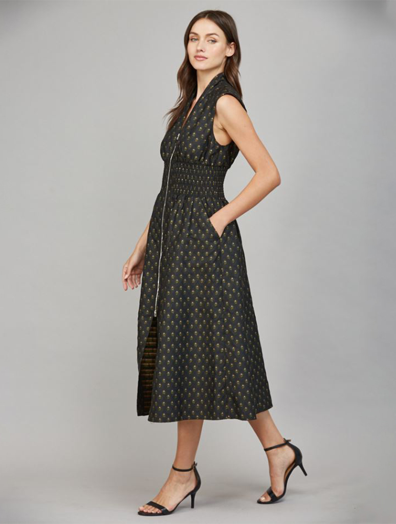 V-Neckline Front Zip-Up Midi Dress