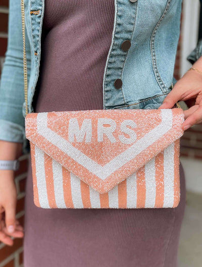 Stripe MRS. Envelope Clutch in Gold/White