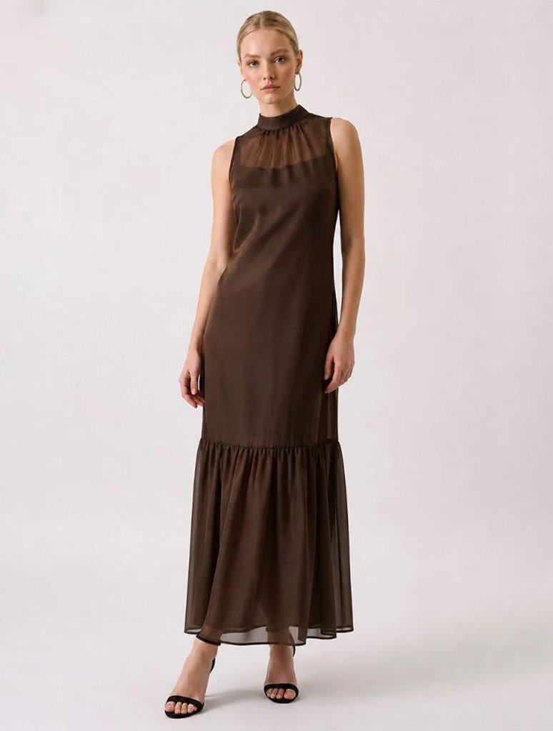 Soft Organza Mock Neck Maxi Dress