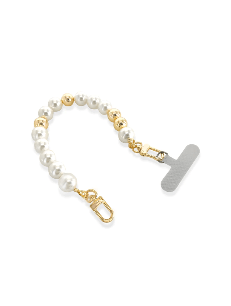 Short Full Pearl Phone Strap with Golden Sphere Accents