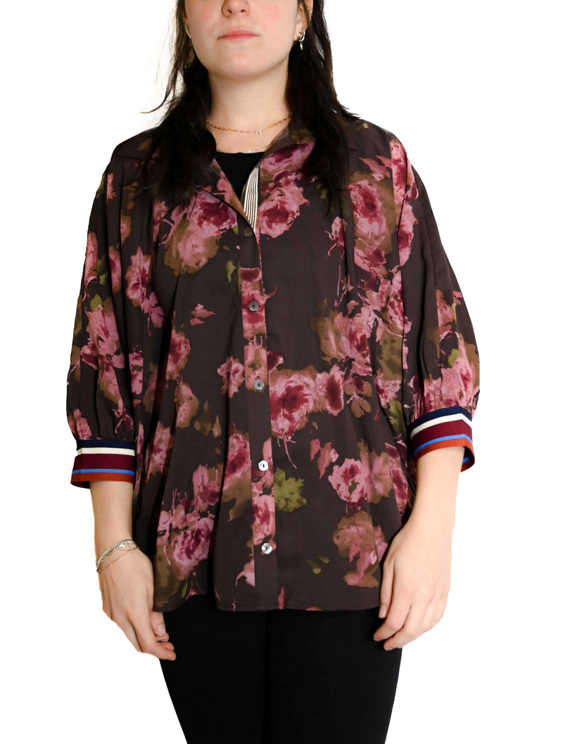 Floral Print Button Front Batwing Sleeve Blouse