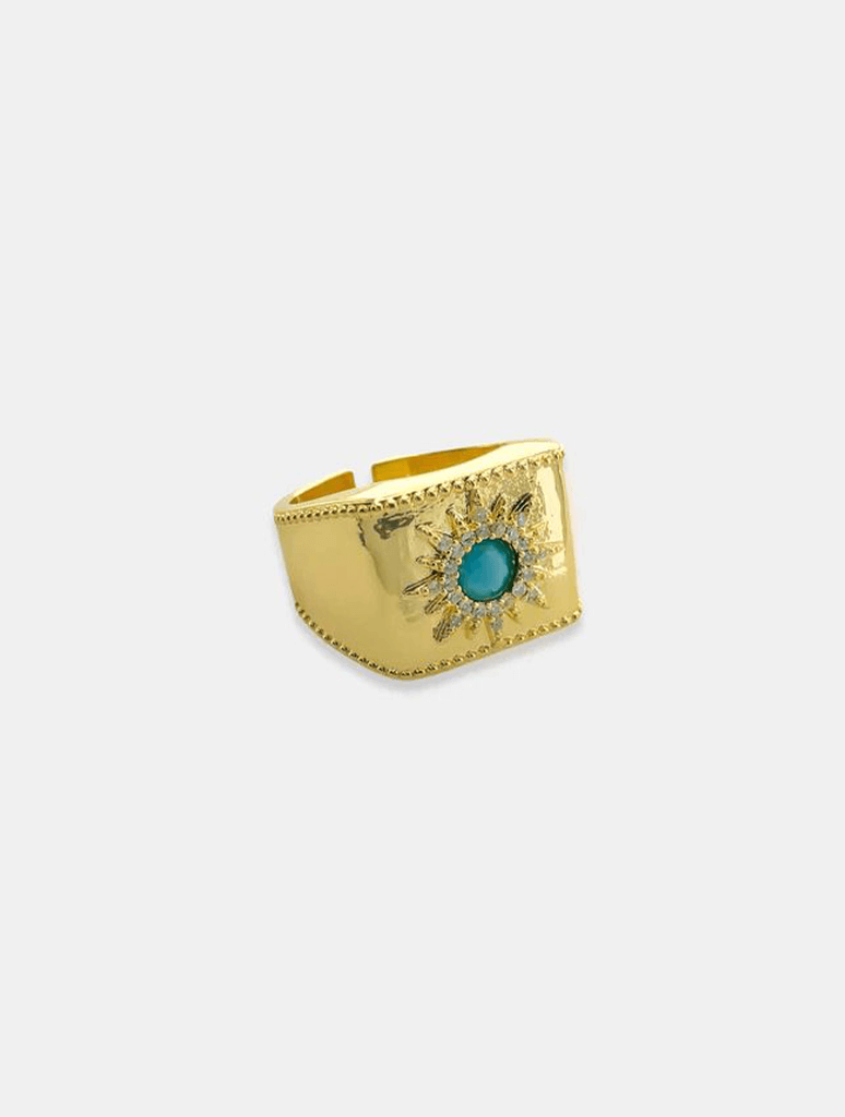 CZ Signet Ring in Turquoise/Gold