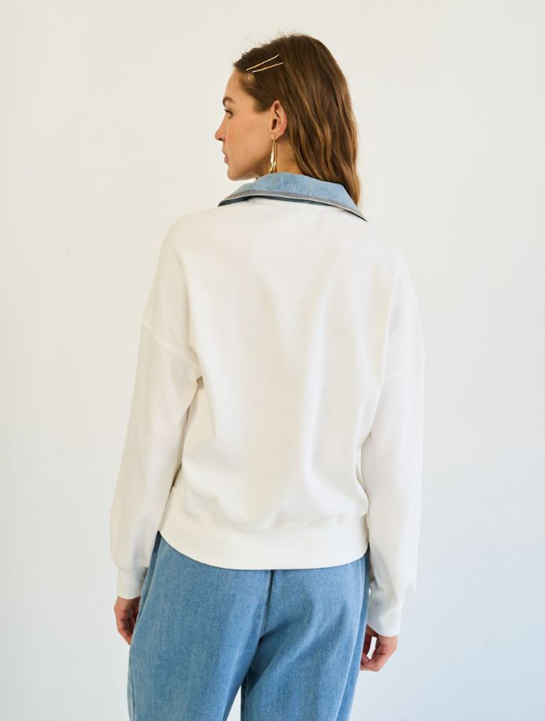 Denim Collared Sweatshirt with Zip Details