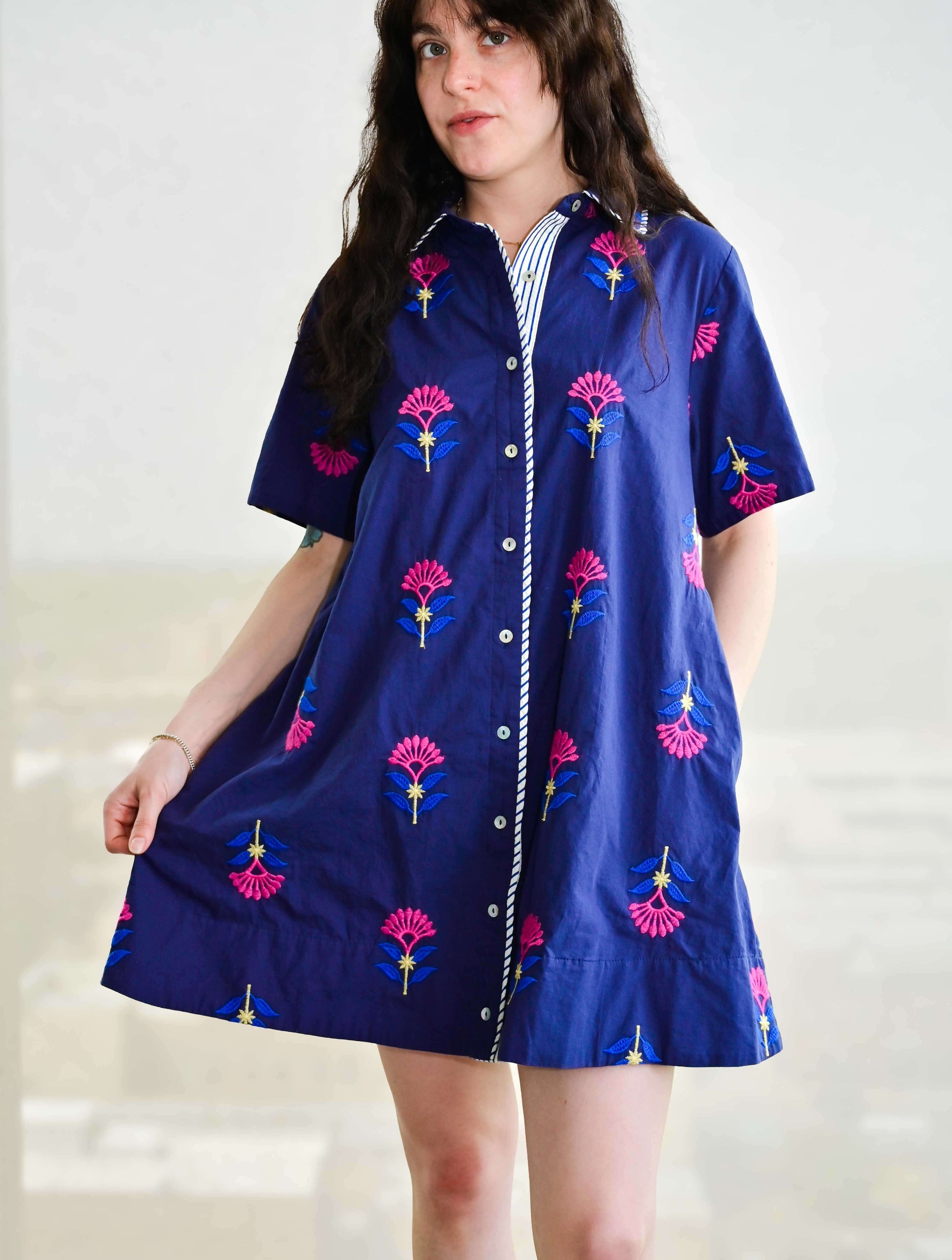 Embroidered Button Down Swing Dress