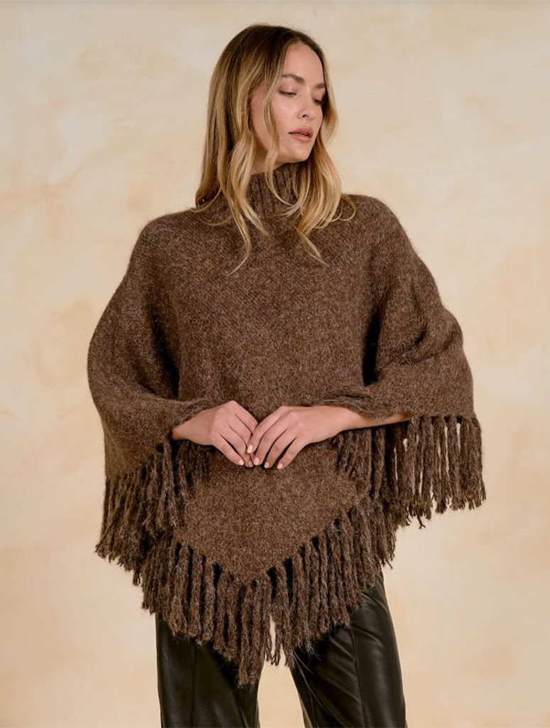 Turtleneck Poncho With Fringe Hem