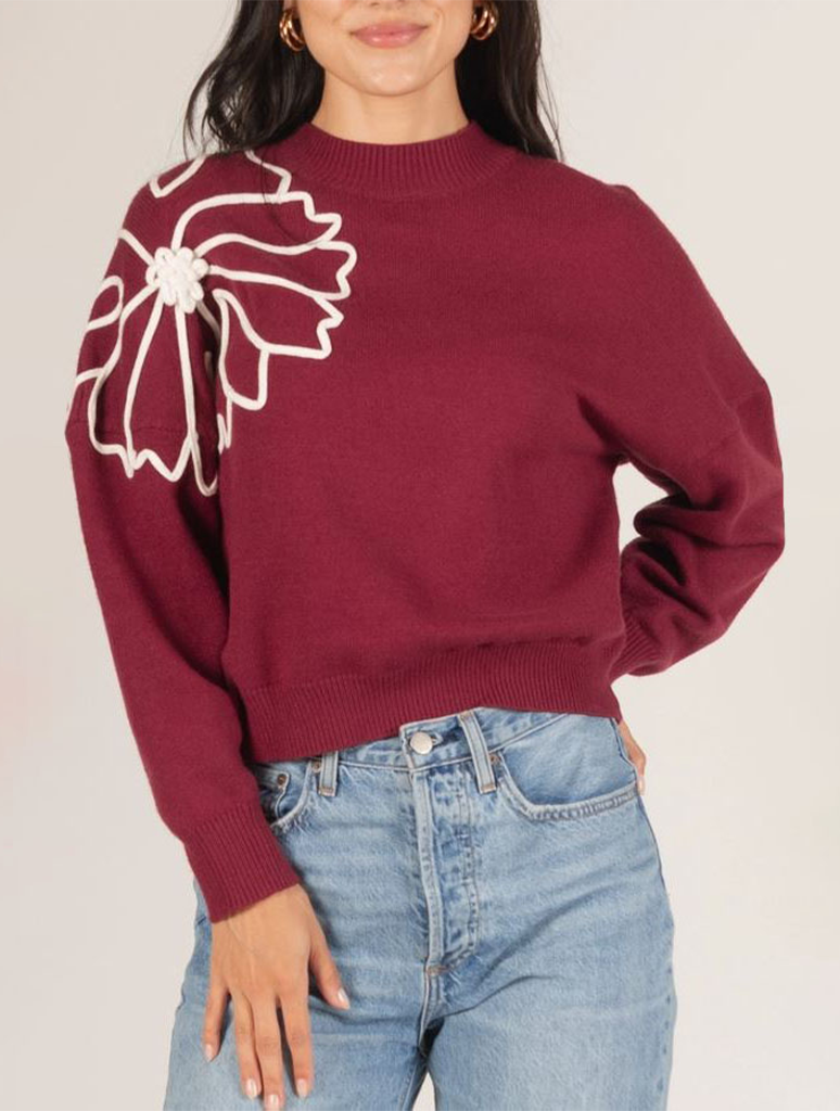 Knit Round Neck Sweater with Floral Pattern