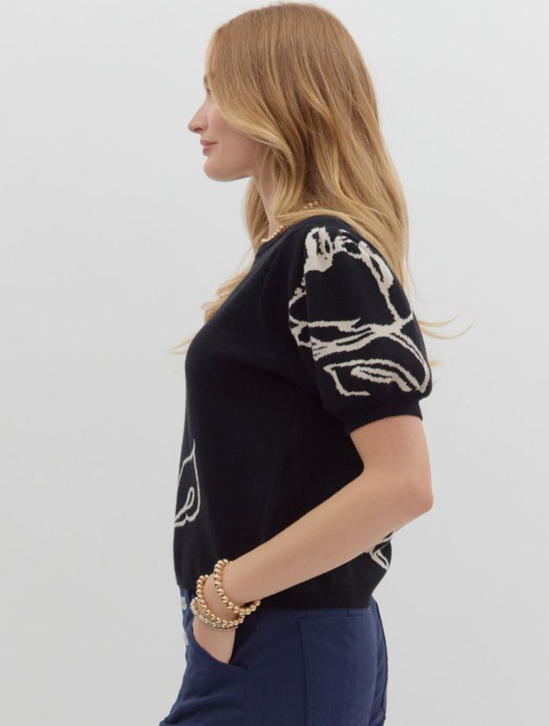 Short Sleeve Floral Motif Sweater