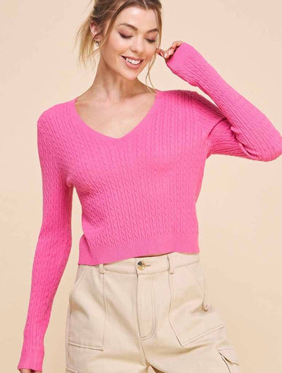 Cable Knit V-Neck Pullover in Hot Pink