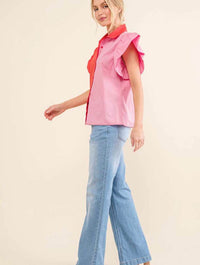 Color Block Ruffle Sleeve Top in Red/Pink