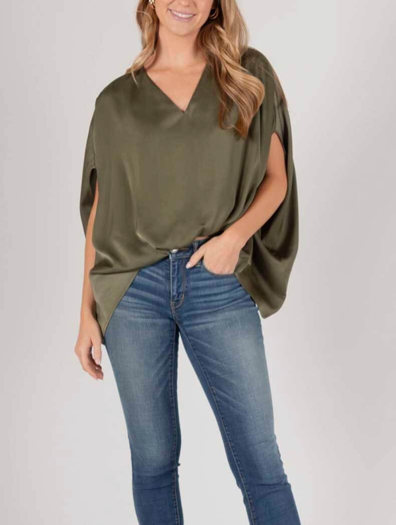 Satin V-Neck Front Waist Top
