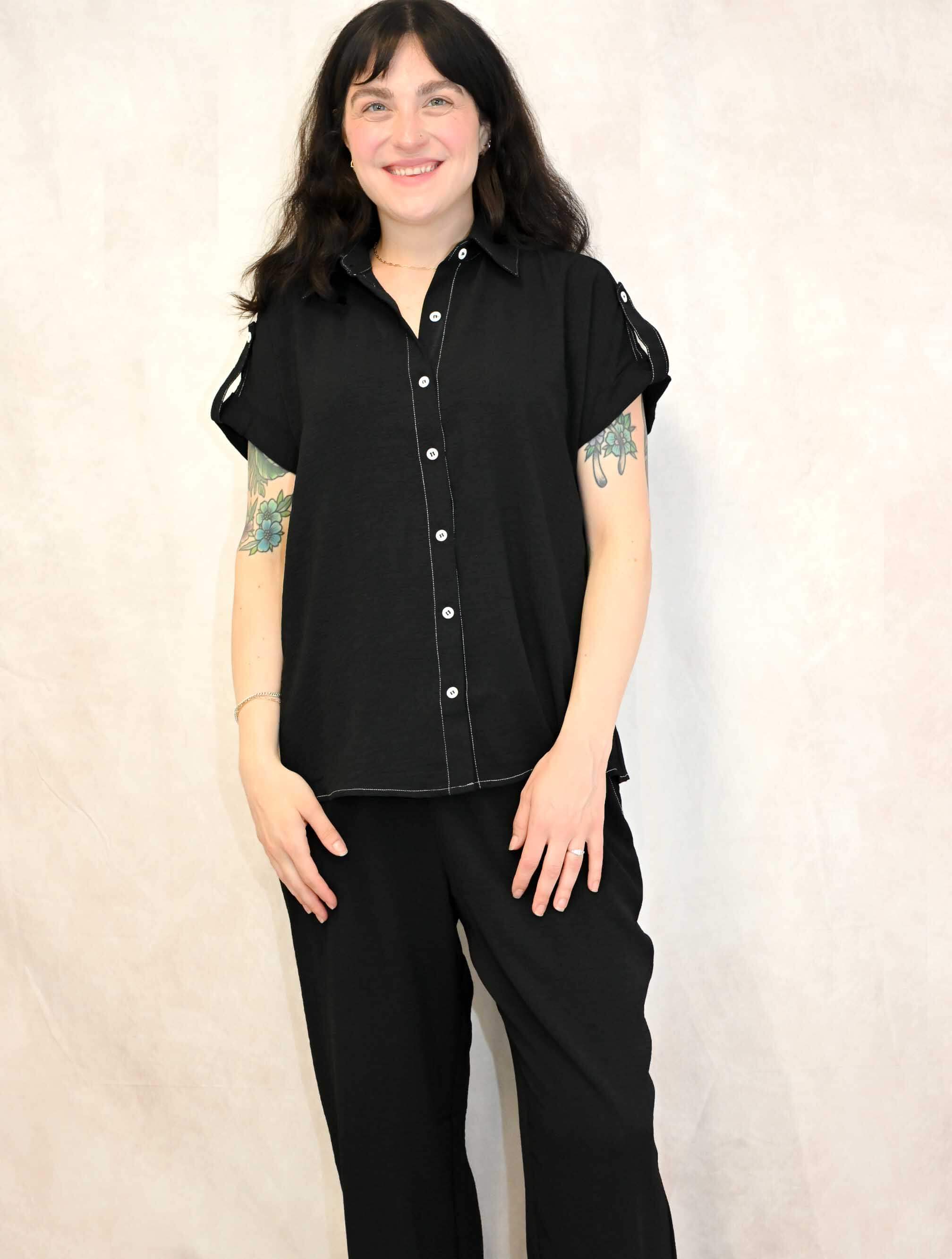 Contrast Stitch Short Sleeve Button Up