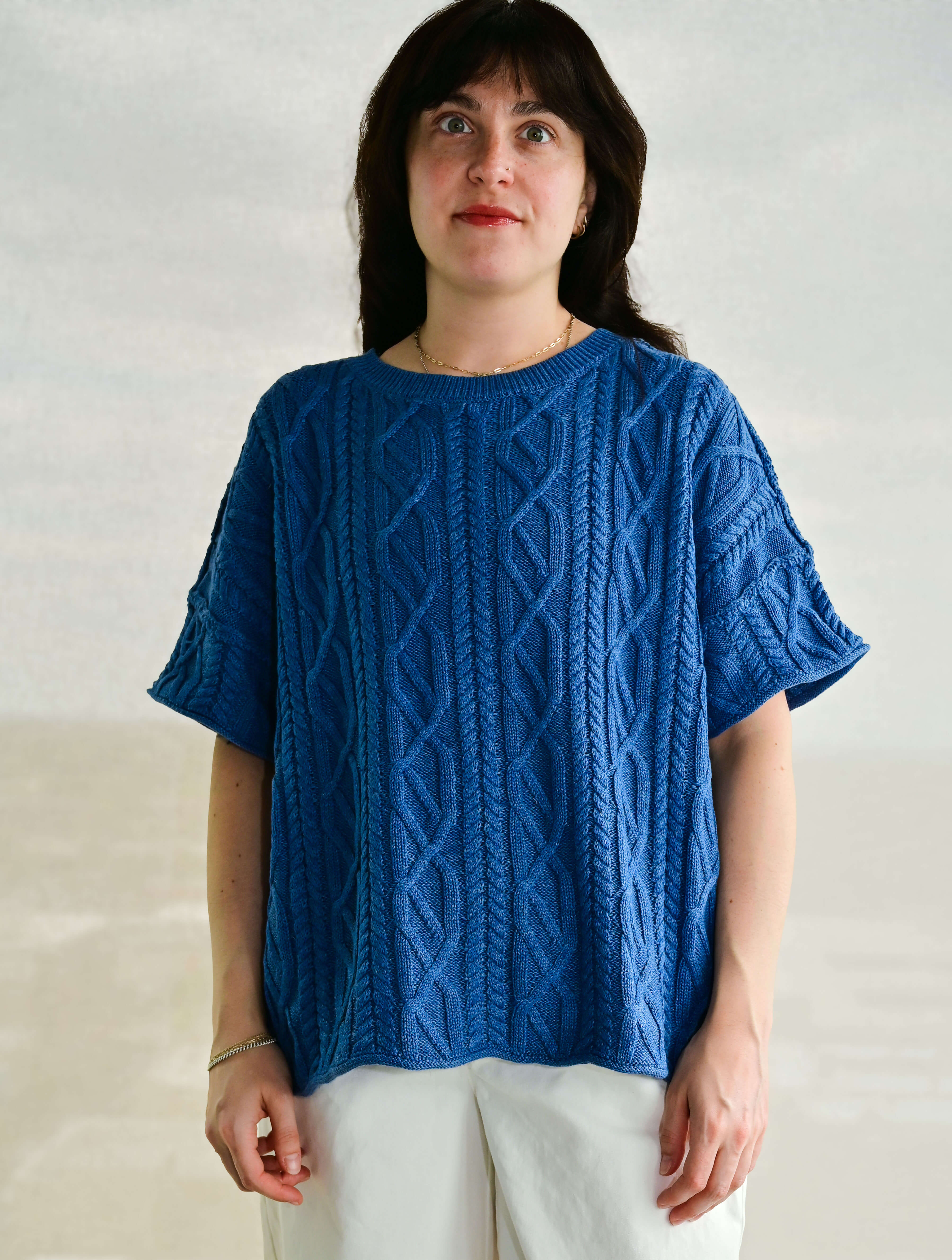 Short Sleeve Crew Neck Cable Knit Sweater Top