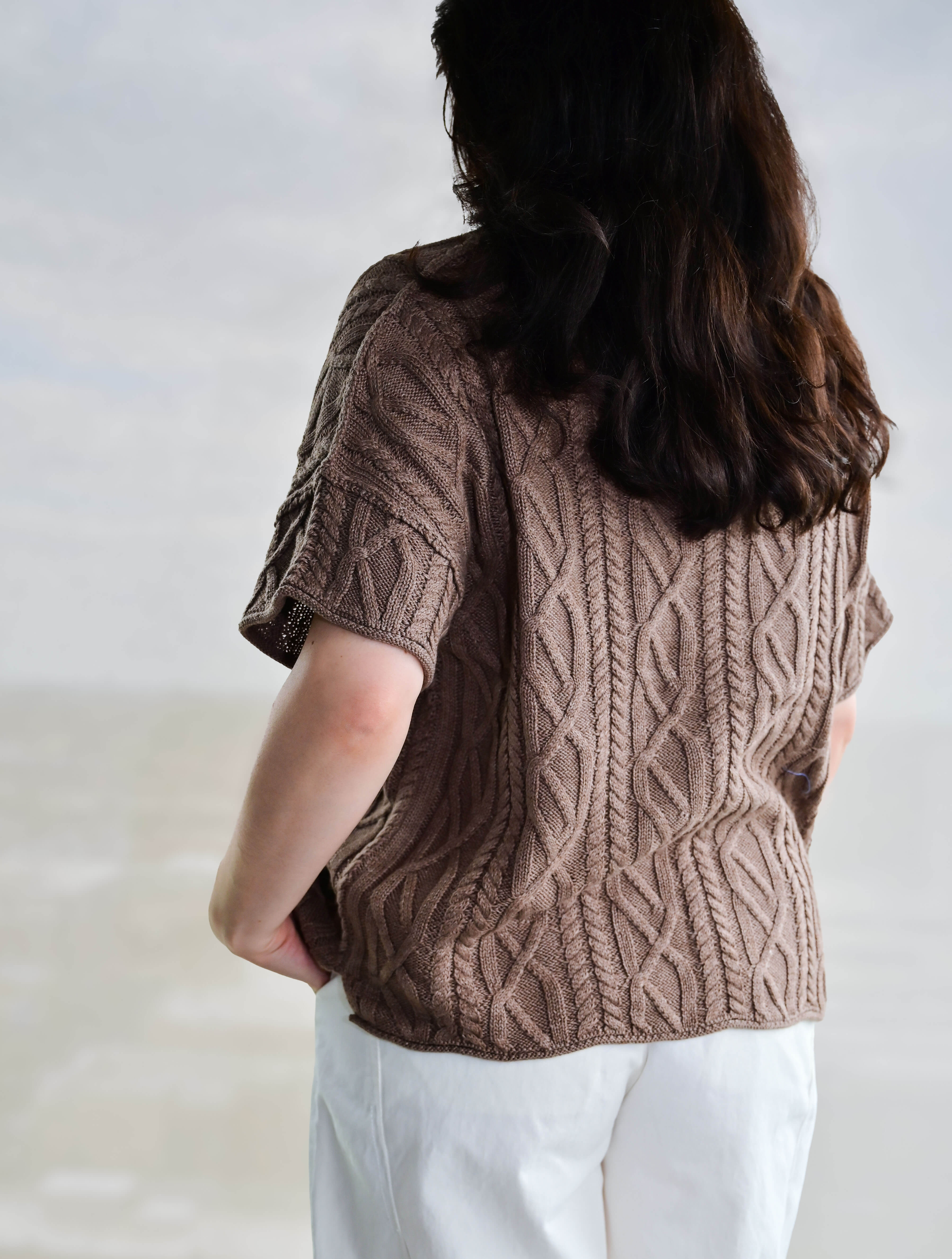 Short Sleeve Crew Neck Cable Knit Sweater Top