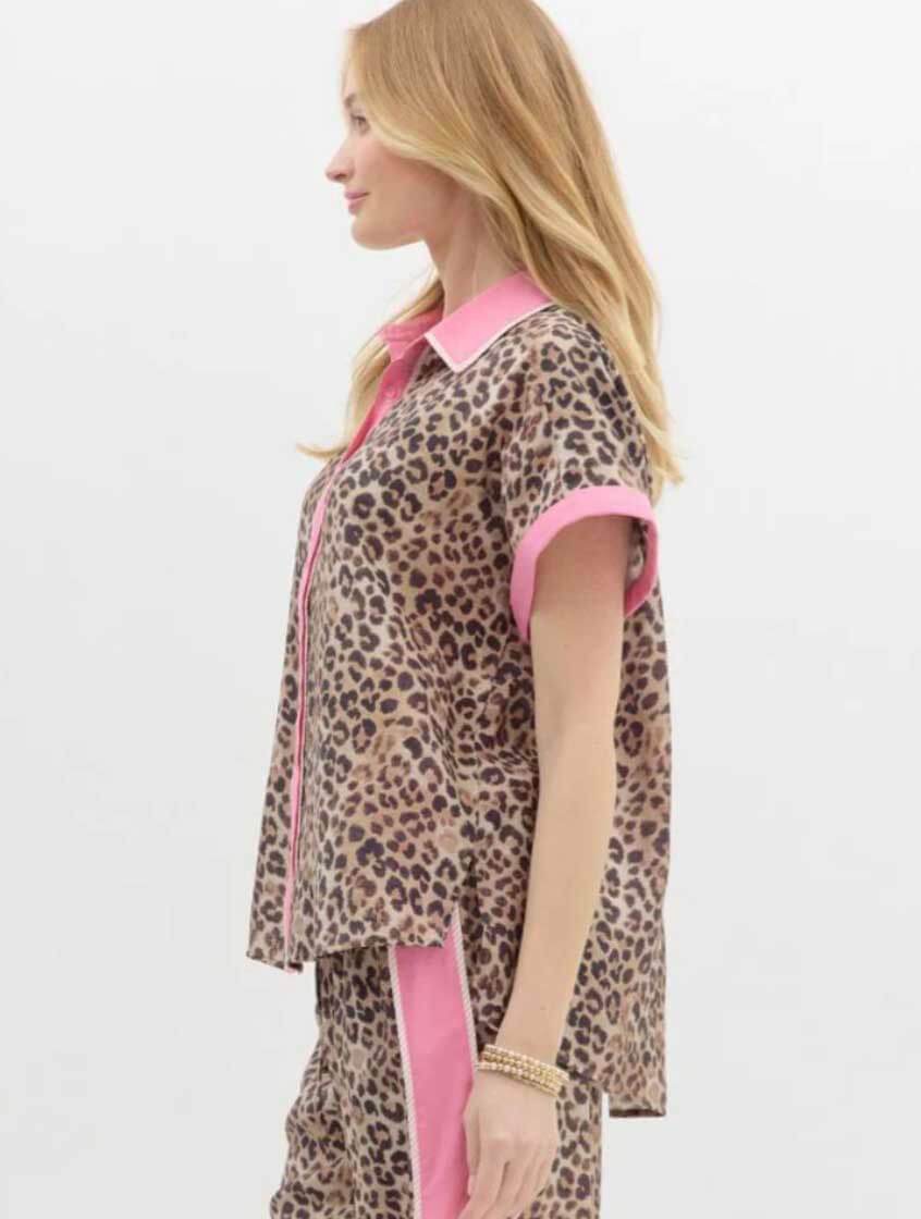 Leopard Print Short Sleeve Top with Contrasting Collar