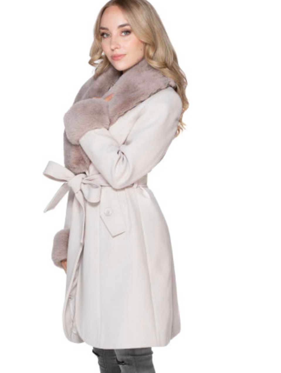 Belted Vegan Wool Coat With Removable Fur Cuffs and Collar