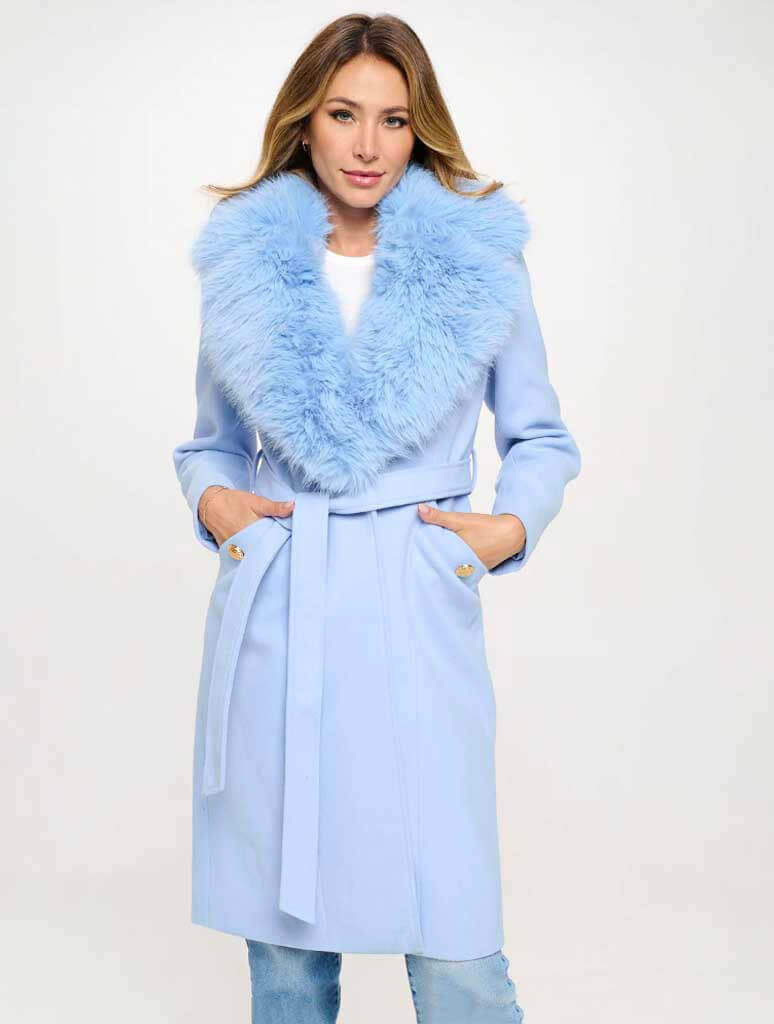 Belted Coat with Removable Fur Cuffs and Collar