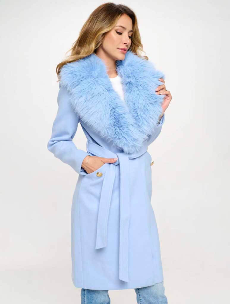 Belted Coat with Removable Fur Cuffs and Collar