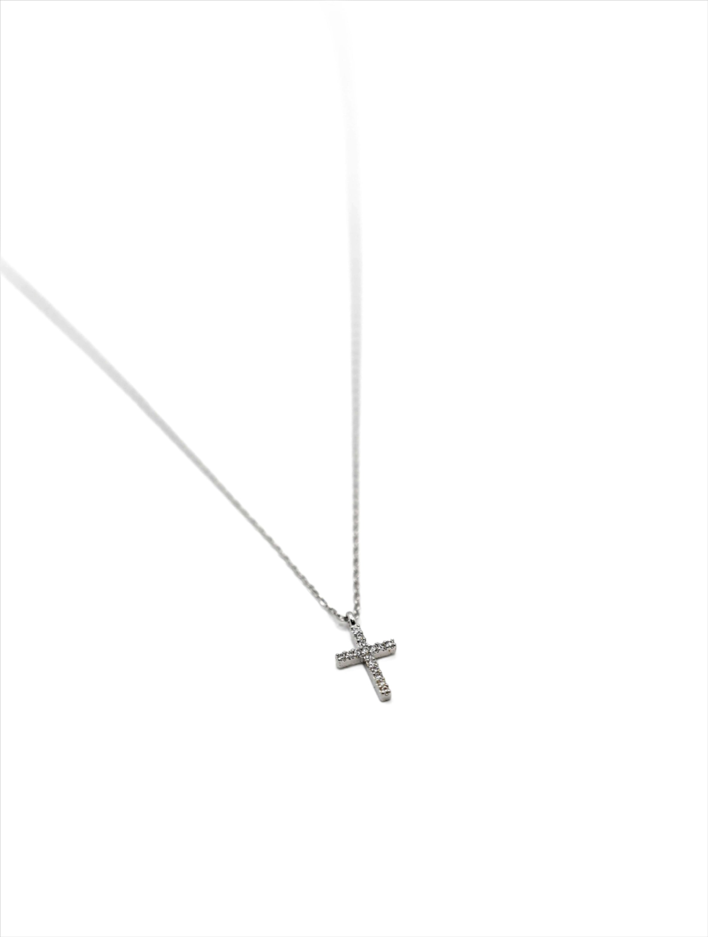 Stainless Steel Mini Pave Cross Necklace in Silver