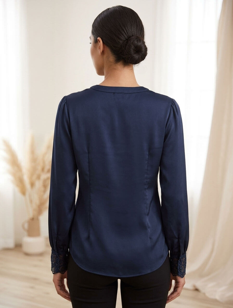 Split Neck Long Sleeve Blouse with Crochet Cuff