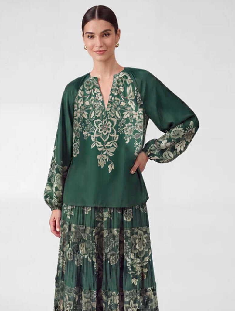 Split Neck Pleated Detail Long Sleeve Blouse