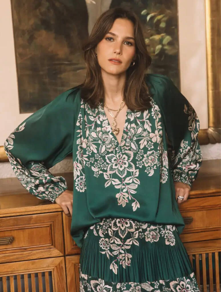 Split Neck Pleated Detail Long Sleeve Blouse