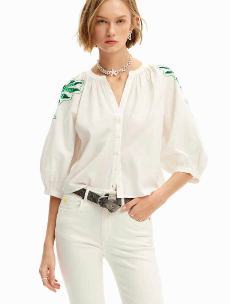 Desigual V-neck Embroidered 3/4 Sleeve Blouse in White