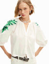 Desigual V-neck Embroidered 3/4 Sleeve Blouse in White