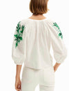 Desigual V-neck Embroidered 3/4 Sleeve Blouse in White