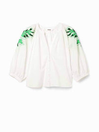 Desigual V-neck Embroidered 3/4 Sleeve Blouse in White