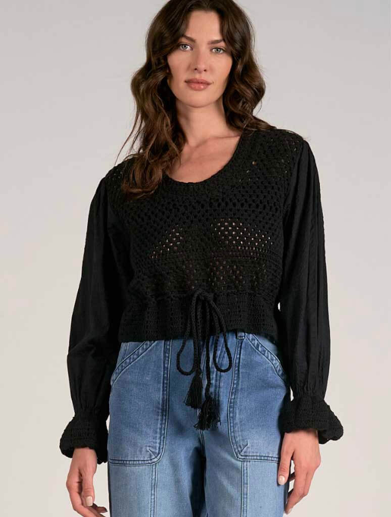 Mix Yarn 3/4 Sleeve Top in Black