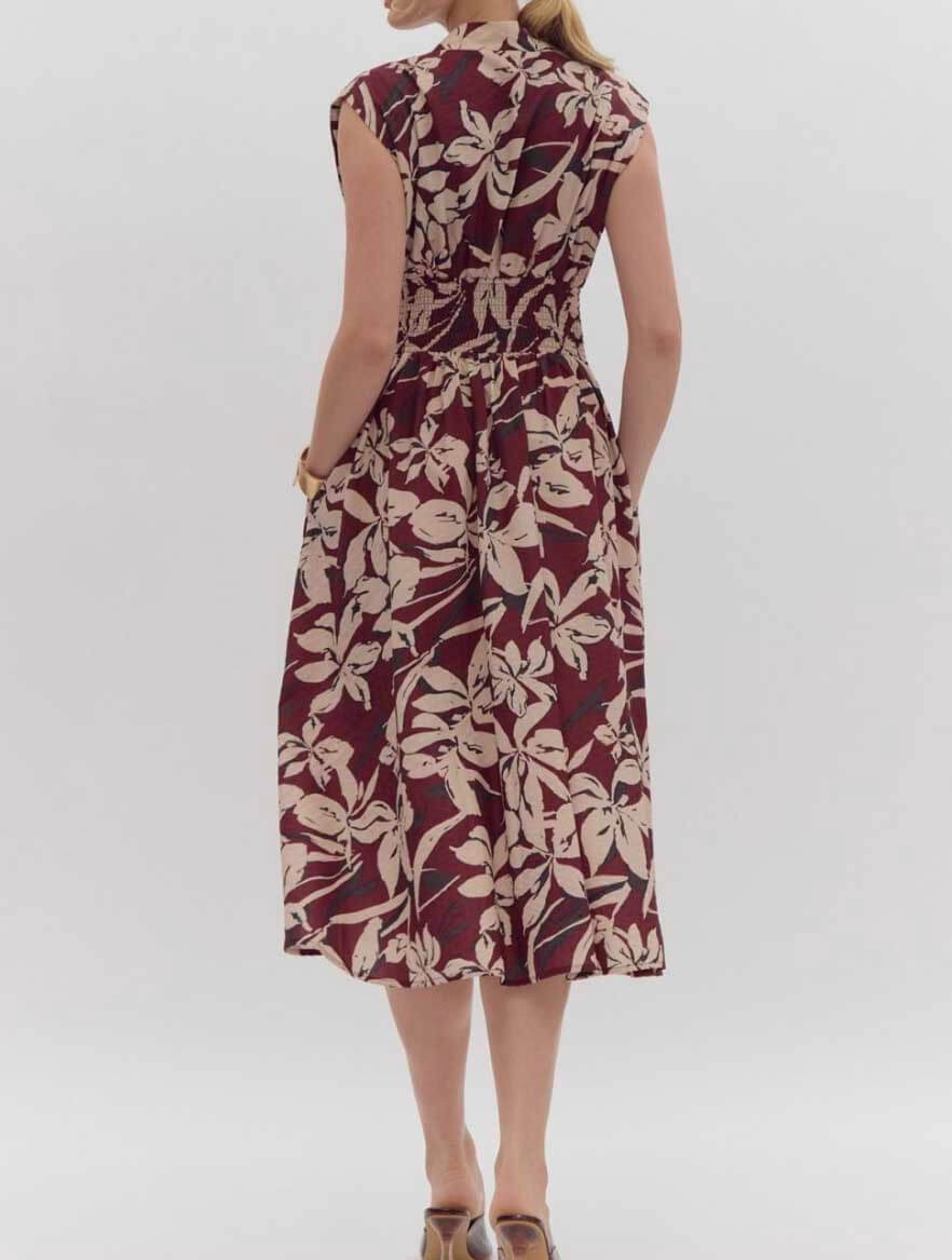 Floral Print Sleeveless Midi Dress with Zip Detail