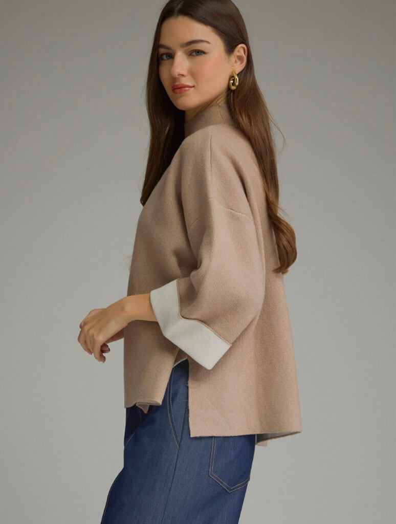 Mock Neck Sweater with Contrast Cuffs