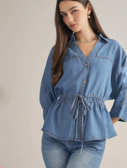 3/4 Sleeve Denim Top with Drawstring Waist