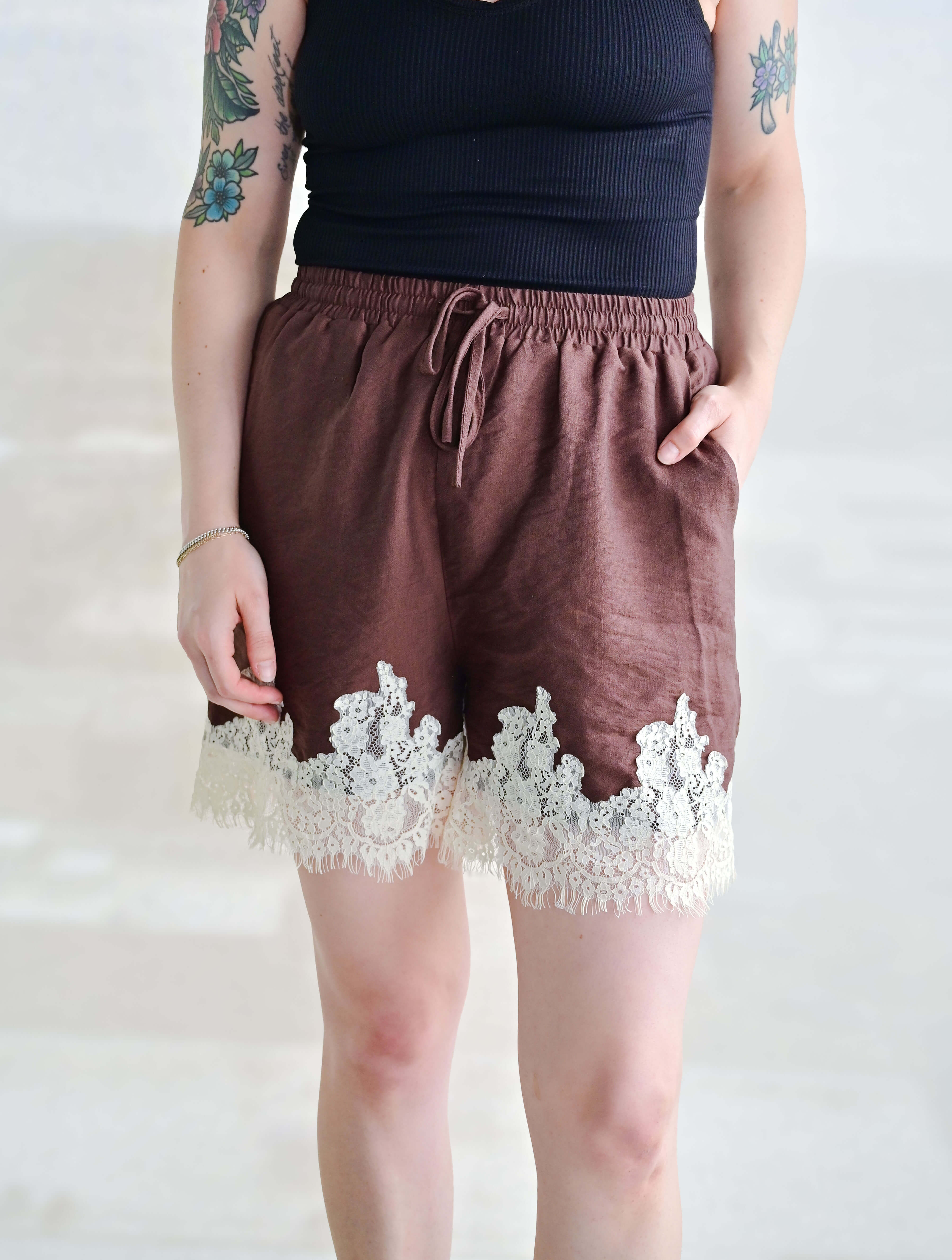 Drawstring Shorts with Lace Trim