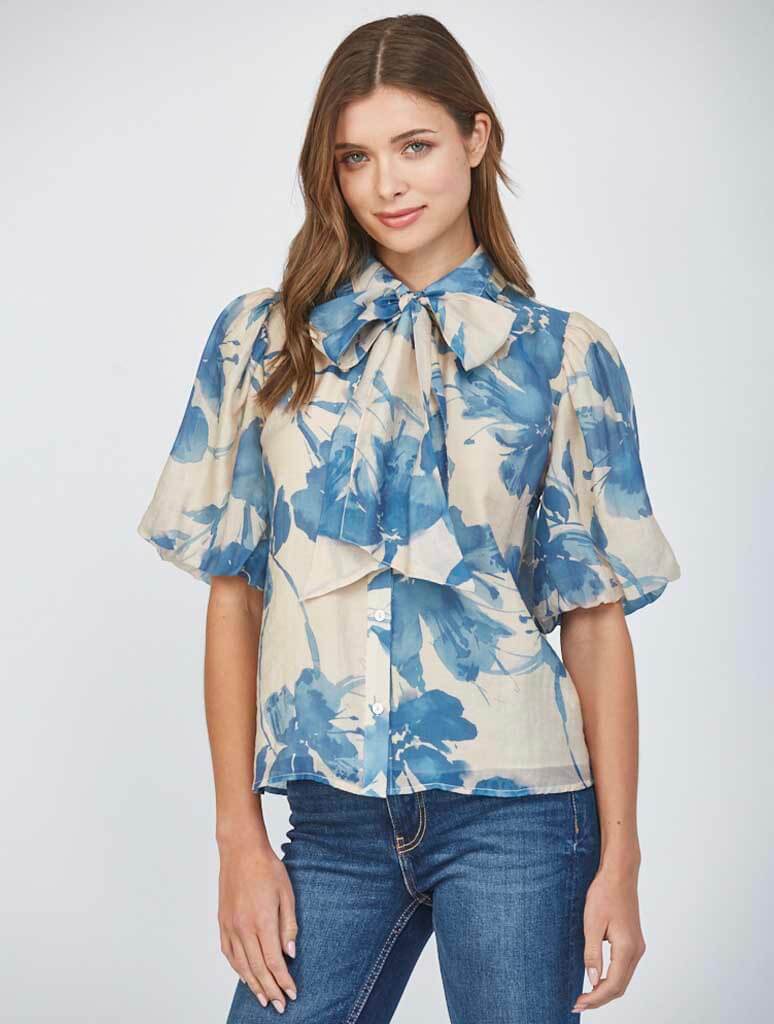Removable Neck Tie Lantern Sleeve Blouse