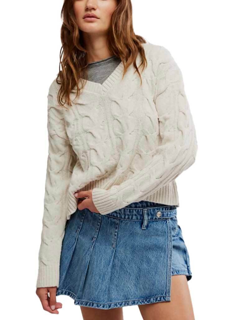 Free People Washed Cable V-Neck Sweater